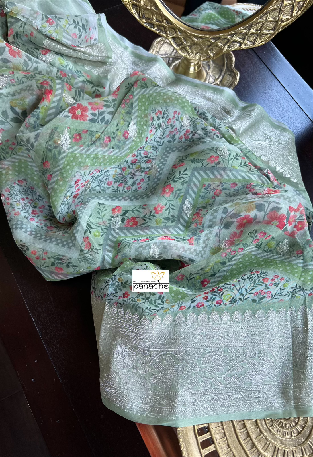 Khaddi Chiffon Banarasi - Pista Green Digital Printed