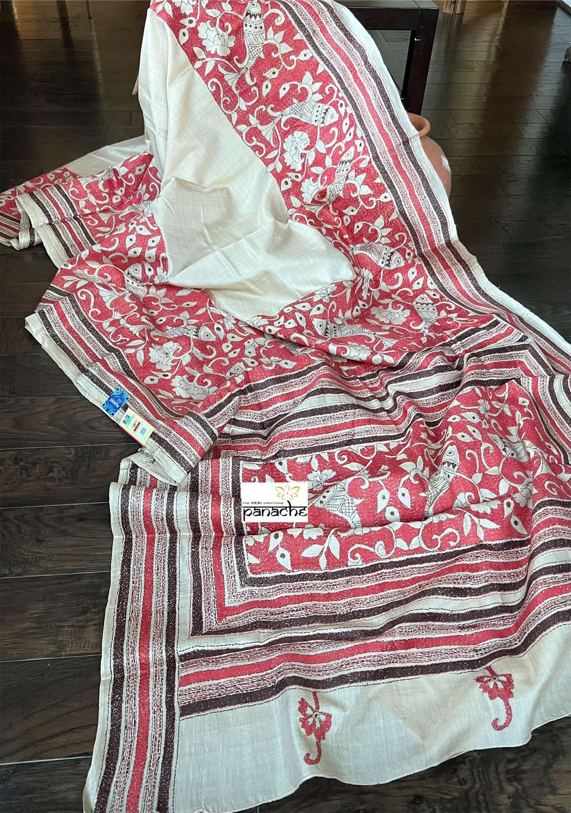 Pure Tussar Silk Kantha Stitch - Beige Red Fish