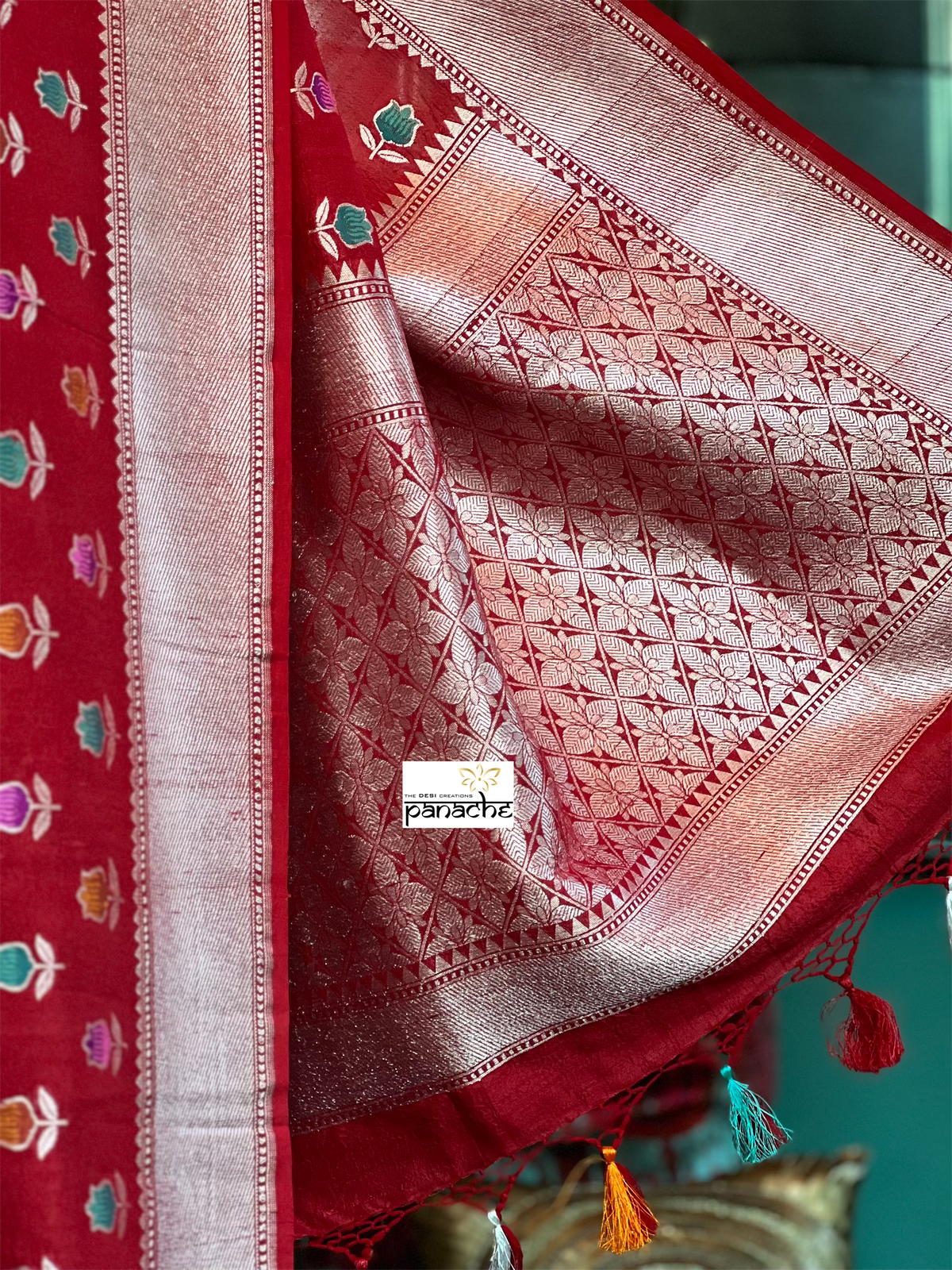 Tussar Georgette Banarasi - Red Mogra Tilfi