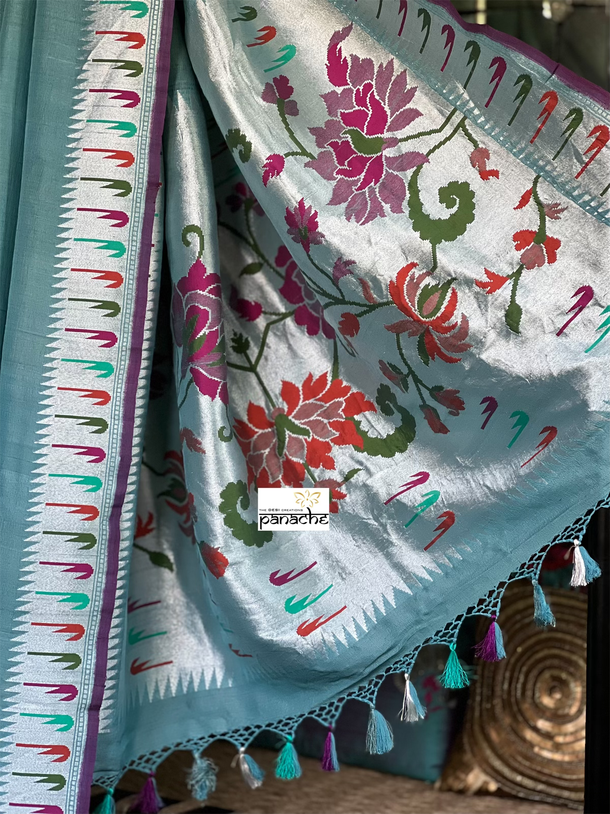 Tussar Georgette Banarasi- Teal Blue Grey Antique Silver