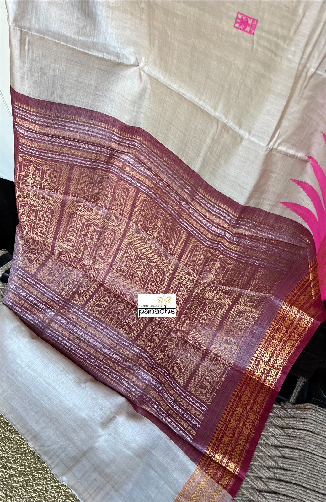 Pure Tussar Silk - Beige Maroon Pink