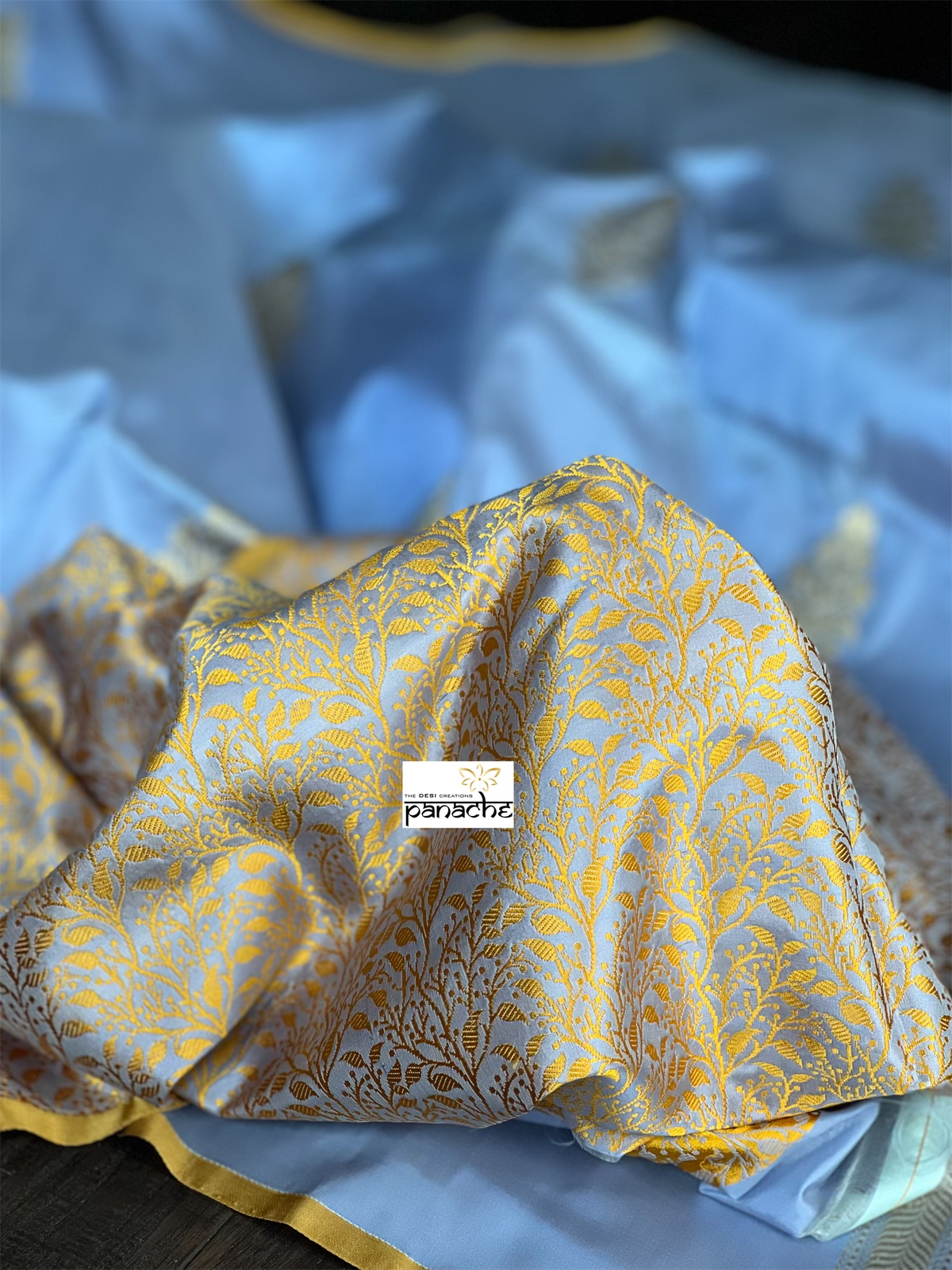 Pure Katan Silk Banarasi - Light Ice Blue Kadwa