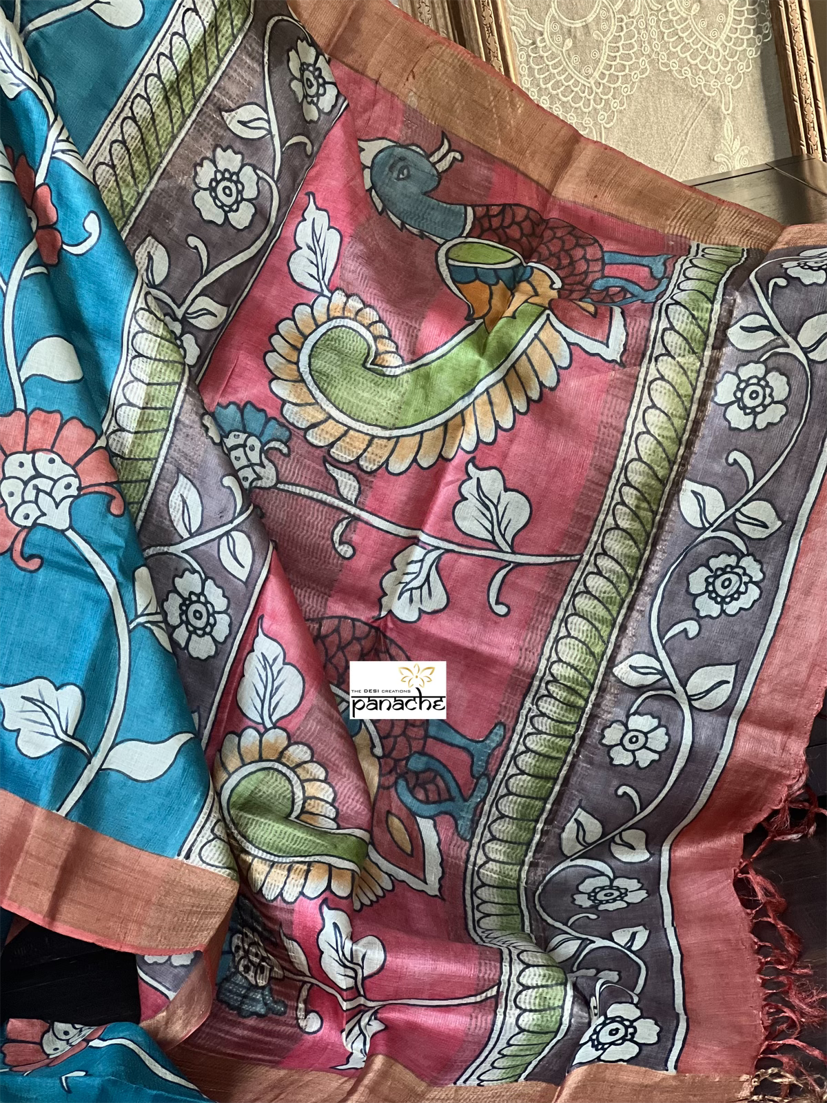 Pen Kalamkari Tussar Silk - Cobalt Blue Peach