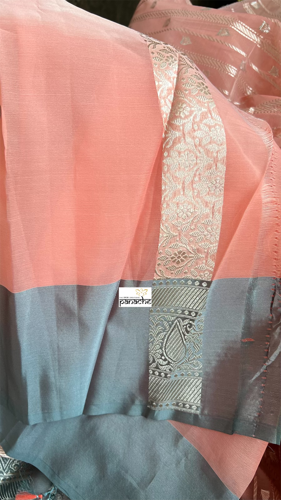 Kora Silk Banaras Chanderi - Peach Grey