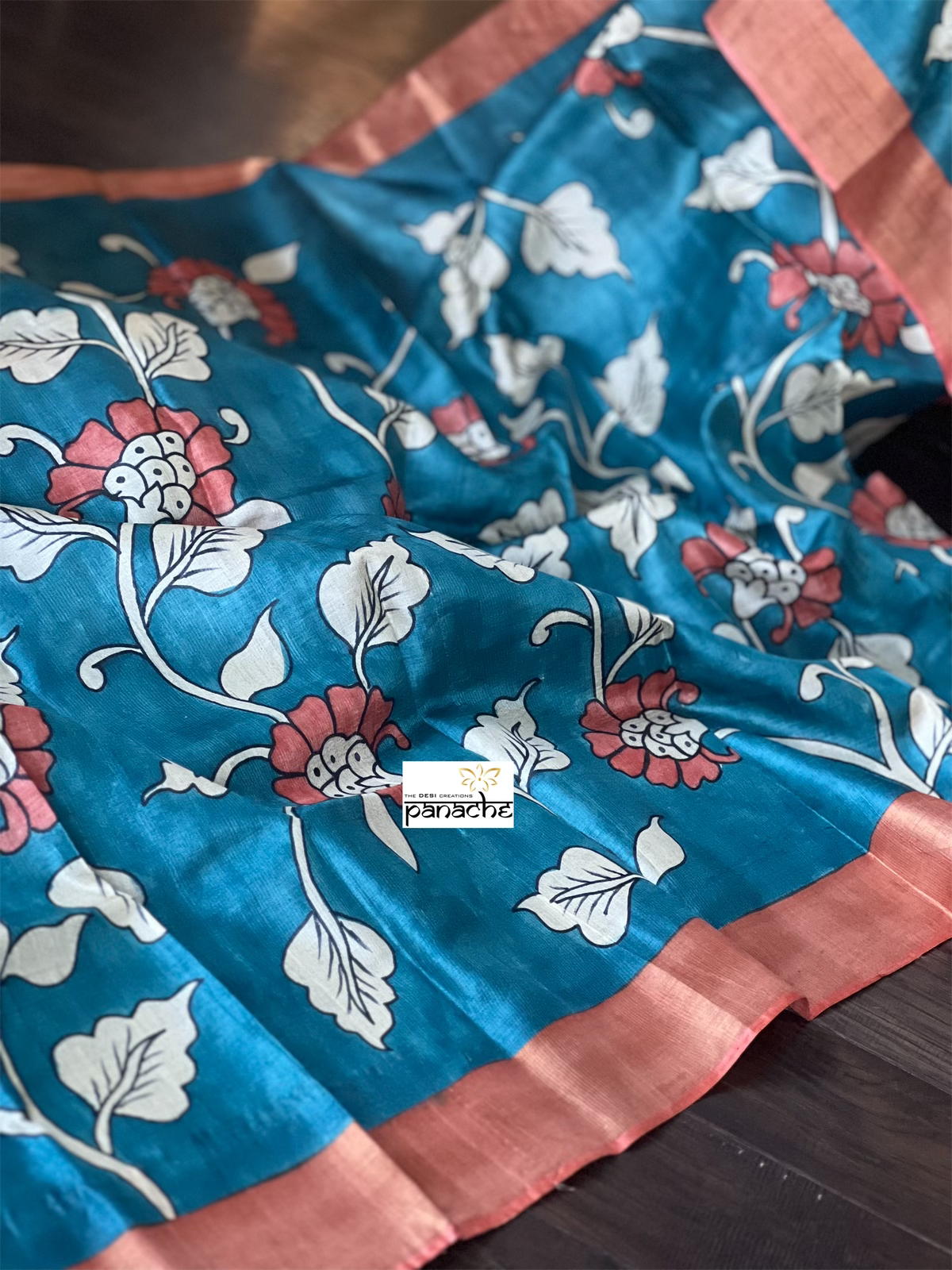 Pen Kalamkari Tussar Silk - Cobalt Blue Peach