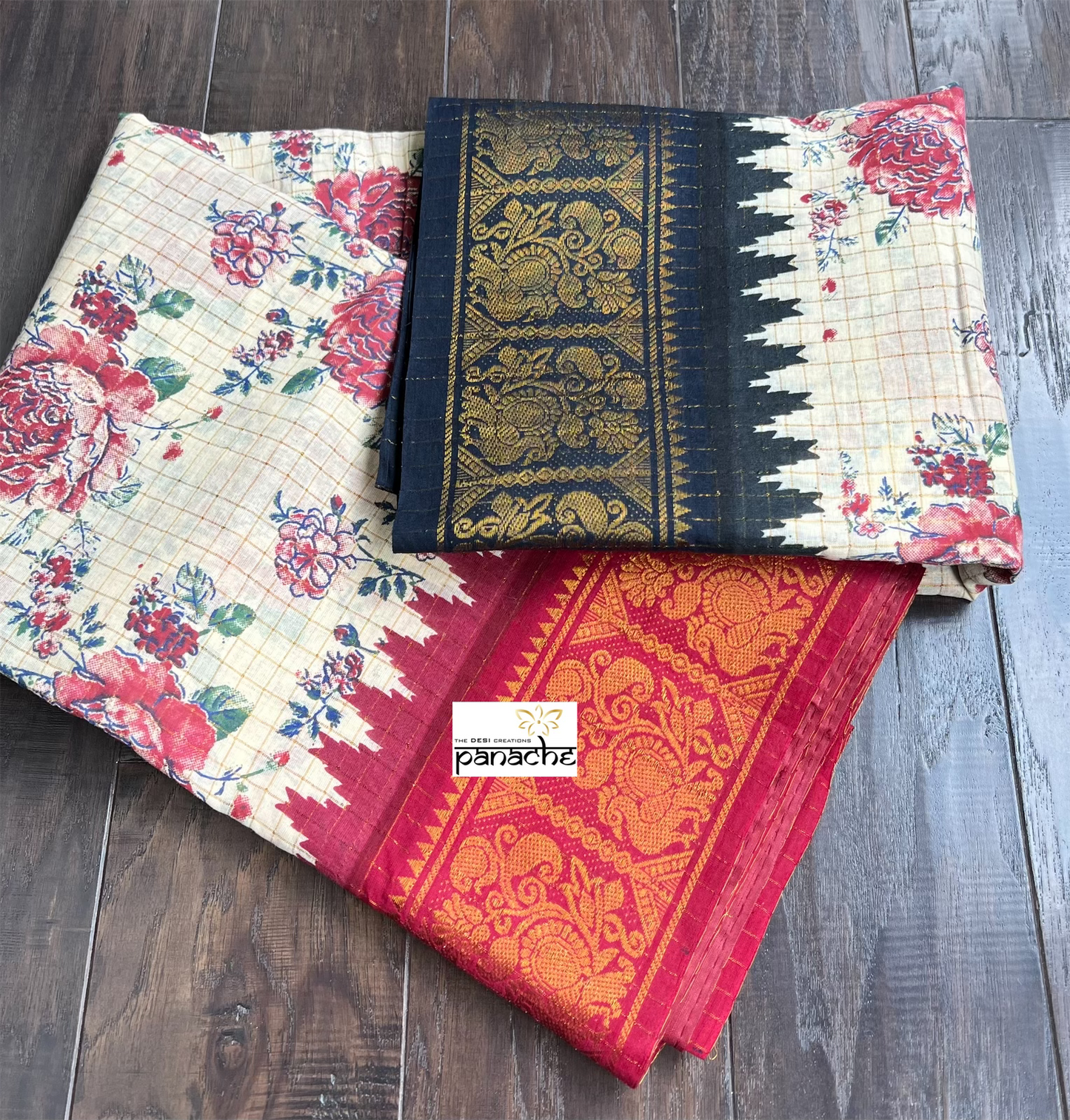 Madurai Cotton - Beige Maroon Black Floral