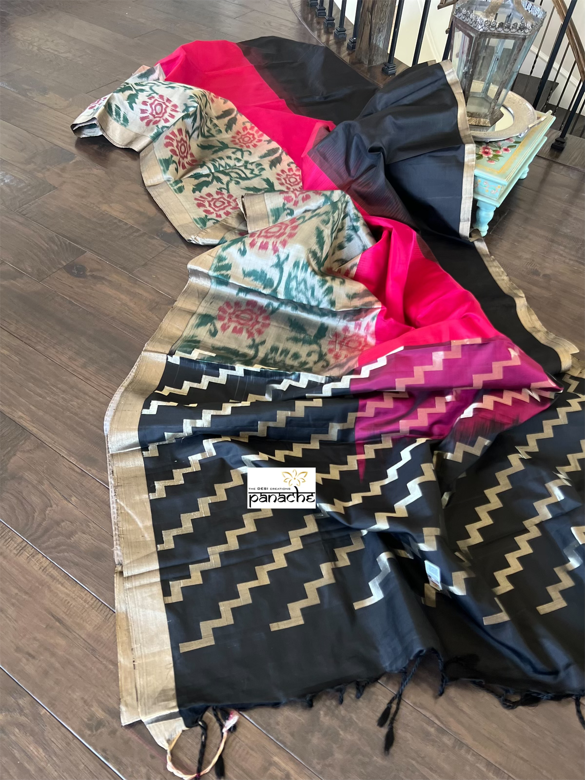 Pure Silk Kanjivaram - Black Magenta Ikat Woven