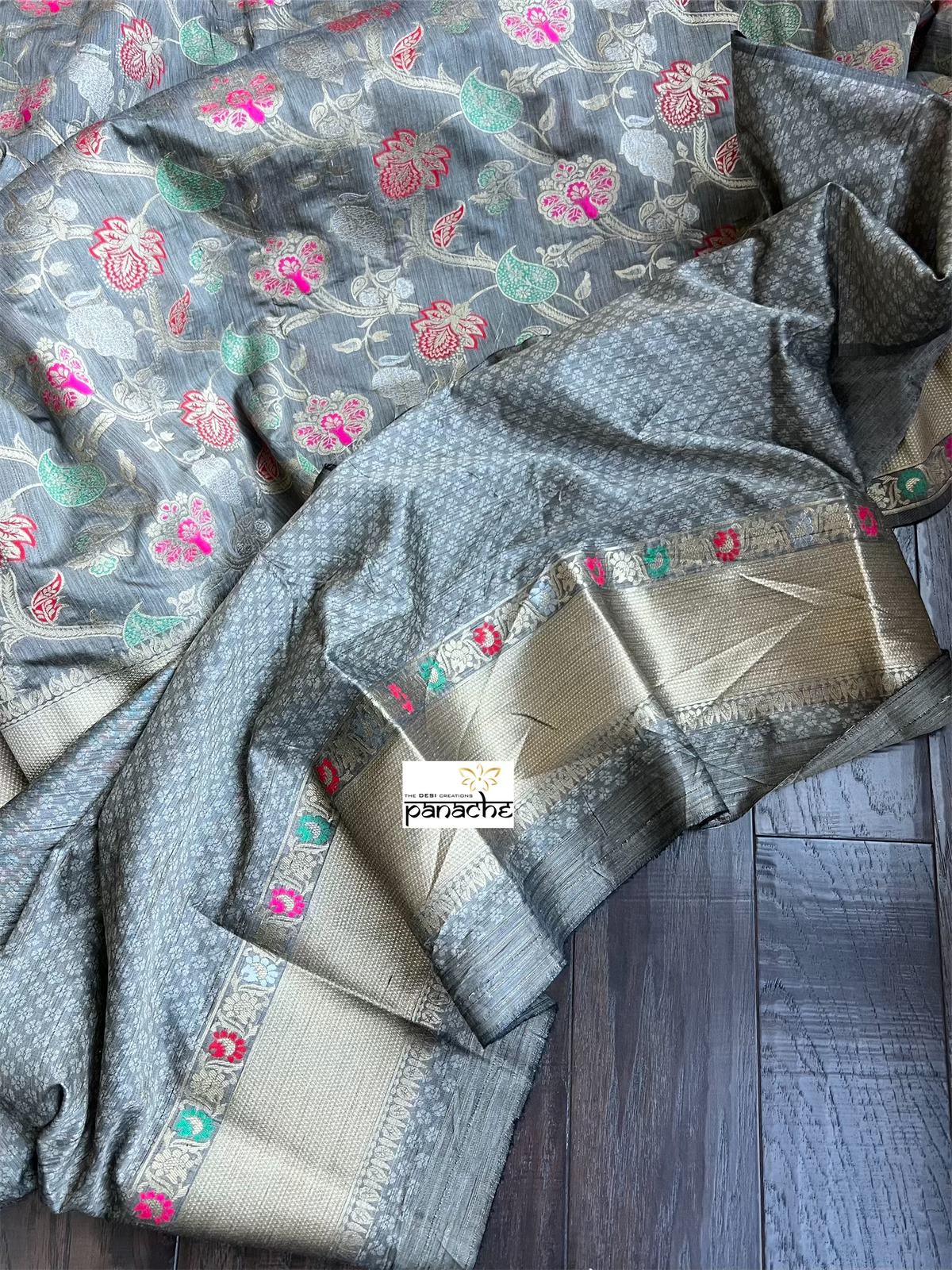 Soft Muga Tussar Banarasi - Grey Meenakari Woven