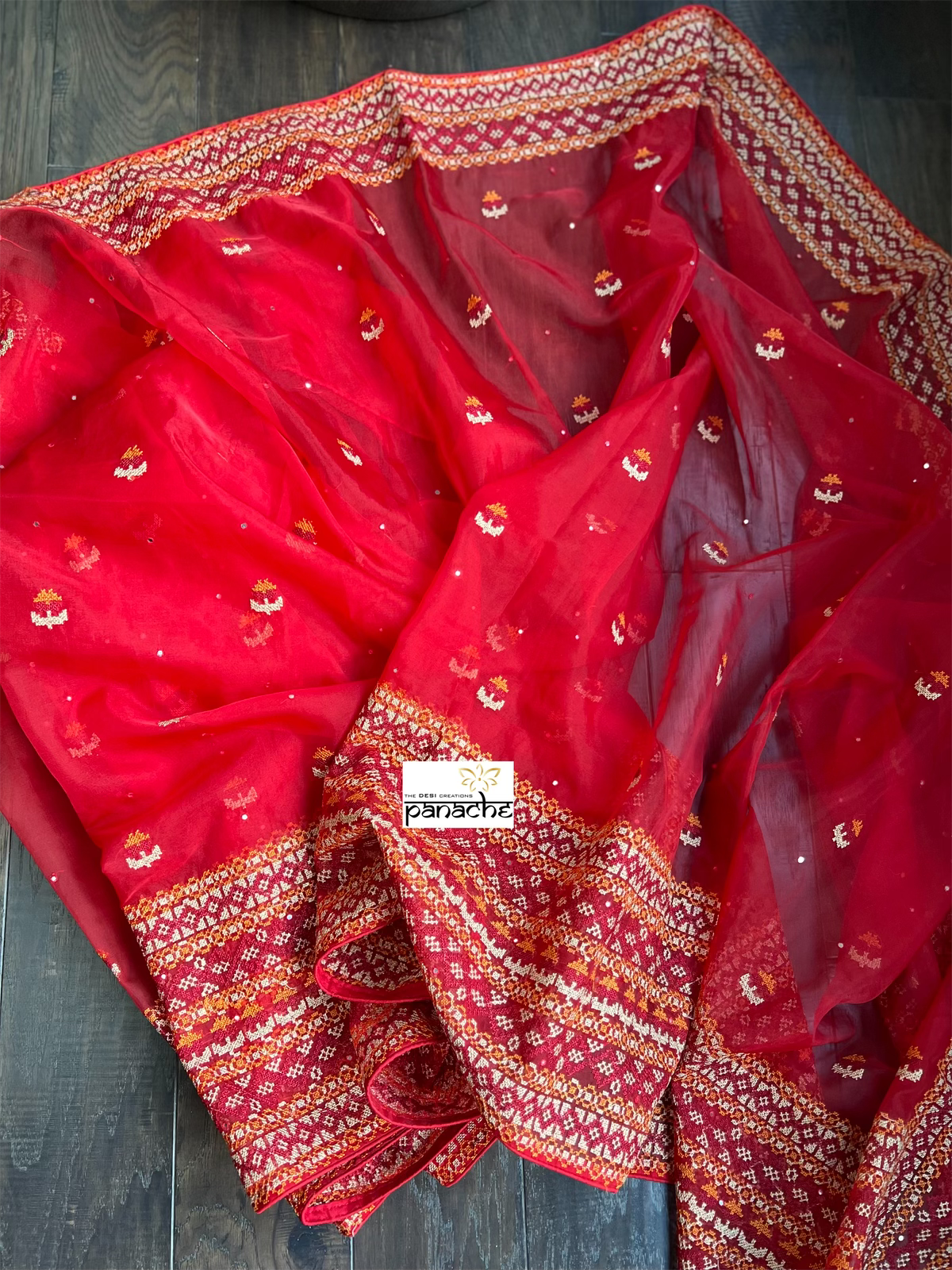 Designer Organza - Red Gujarati Stitch