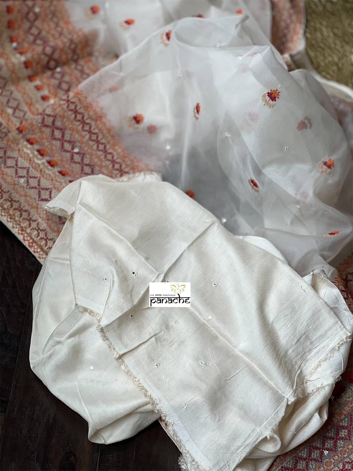 Designer Organza - Off-White Gujarati Stitch