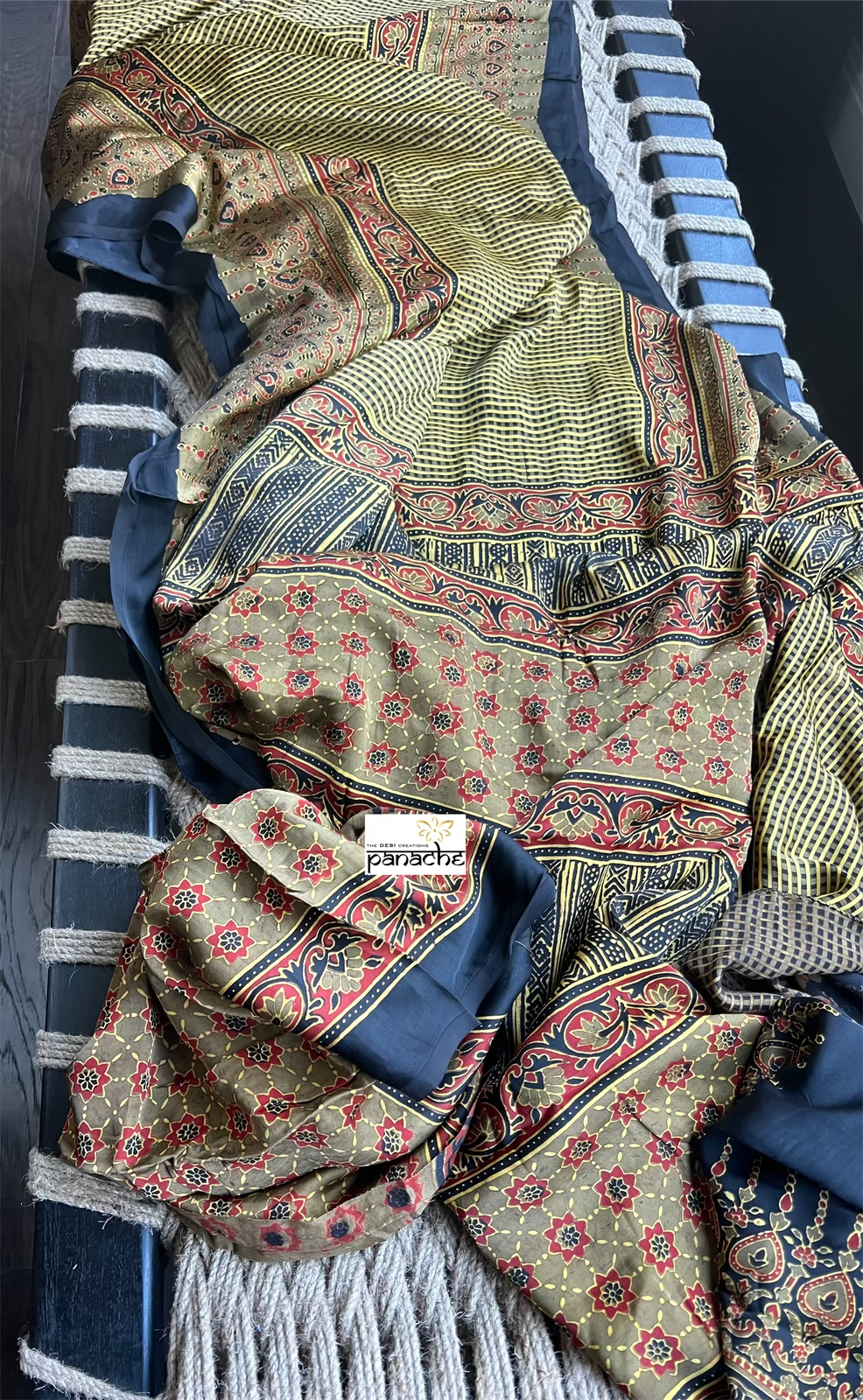 Modal Silk Ajrakh - Greenish Yellow Black Checkered