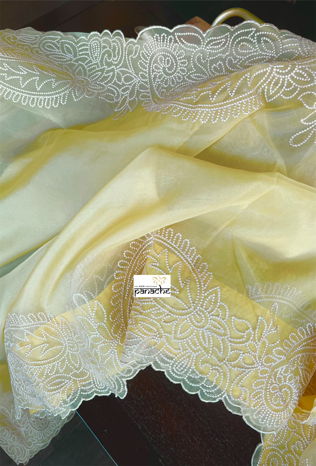 Designer Organza - Light Lemon Yellow Embroidered