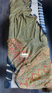 Modal Silk Ajrakh - Greenish Yellow Black Striped