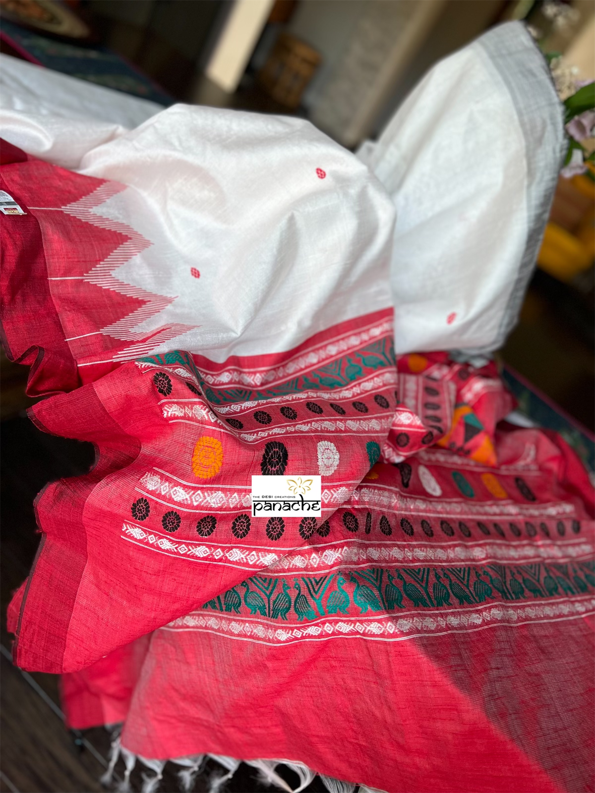 Pure Raw Silk - White Red