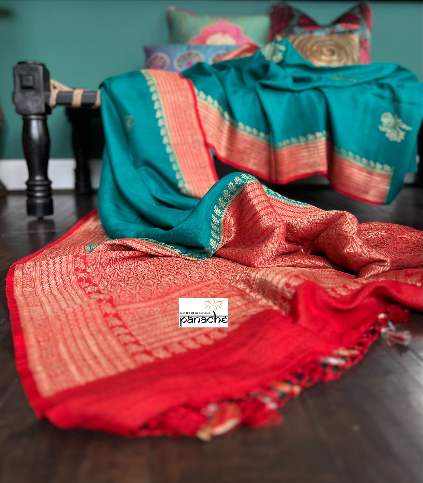 Tussar Georgette Banarasi - Rama Green Red Kadwa