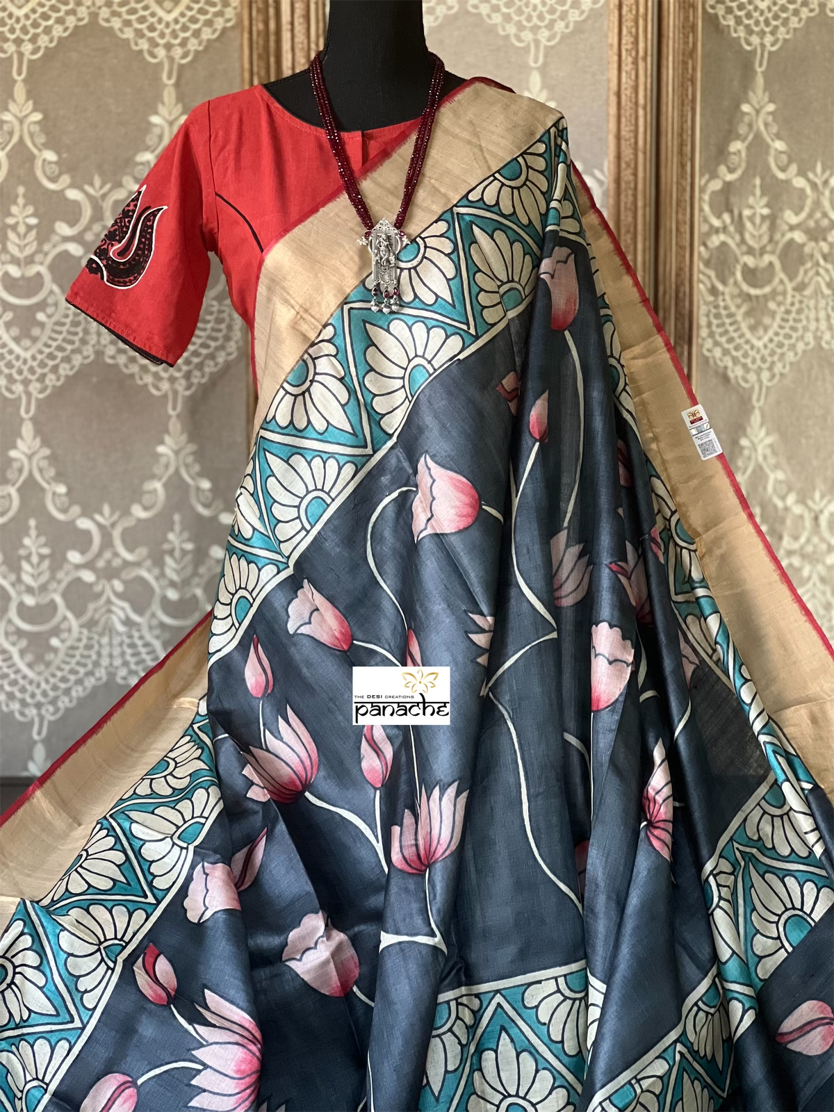 Pen Kalamkari Tussar Silk - Grayish Black Lotus