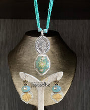 Silver Beaded Necklace - Inlay Pendant