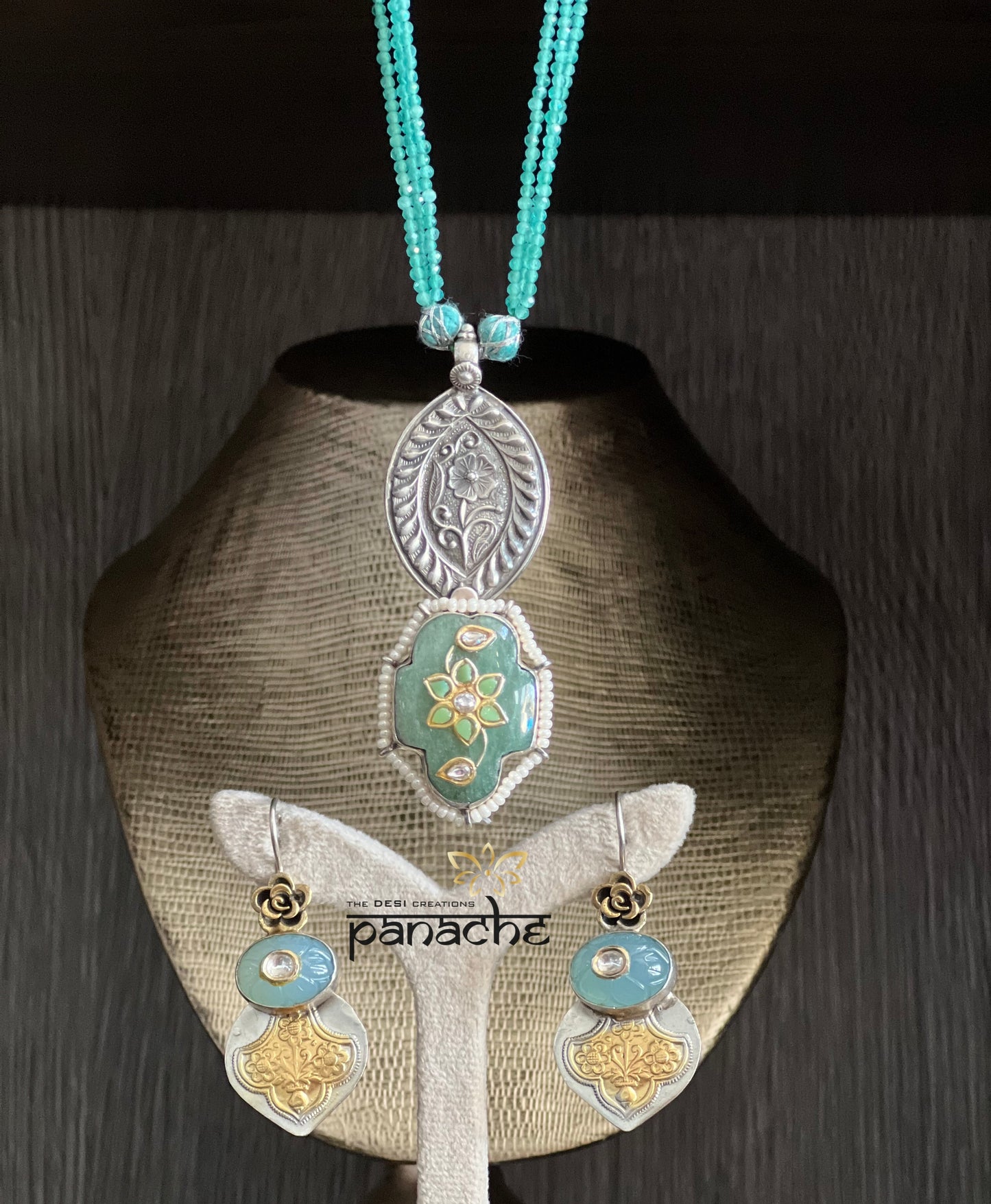 Silver Beaded Necklace - Inlay Pendant