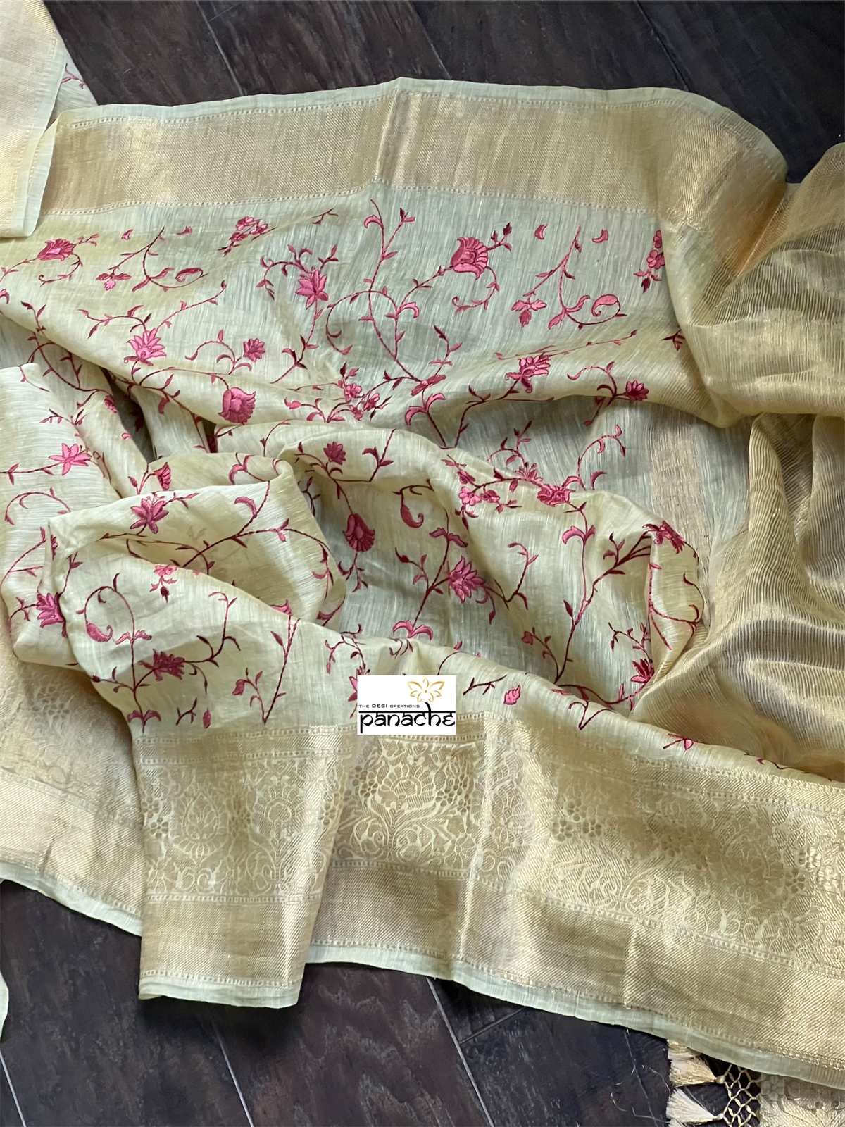 Embroidered Linen Silk Banarasi- Light Greenish Yellow