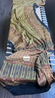 Modal Silk Ajrakh - Greenish Yellow Black Checkered