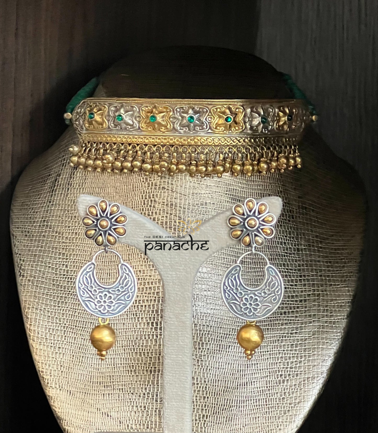 Silver 925 Choker - Dual Tone Green stone