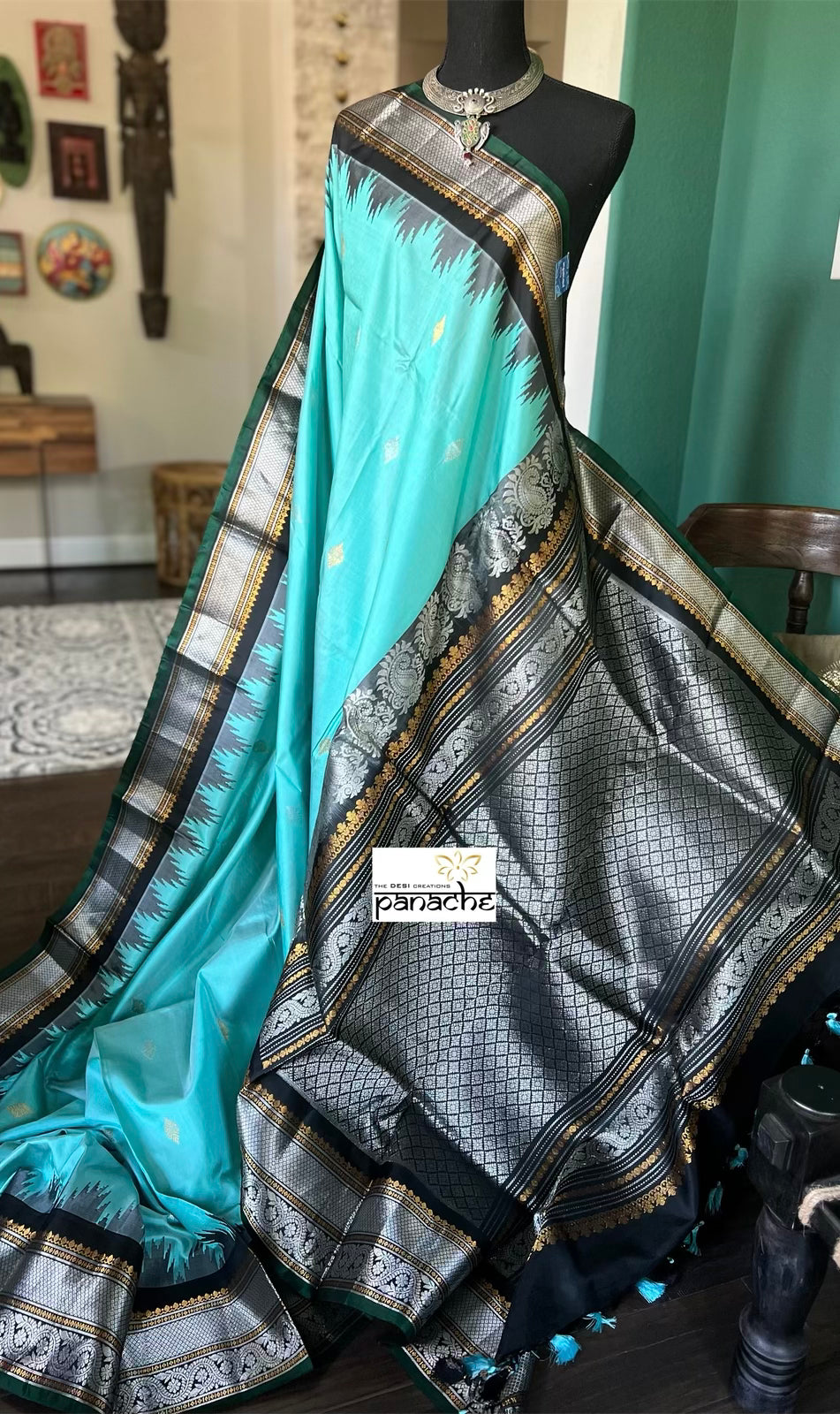 Pure Silk Gadwal - Turquoise Black