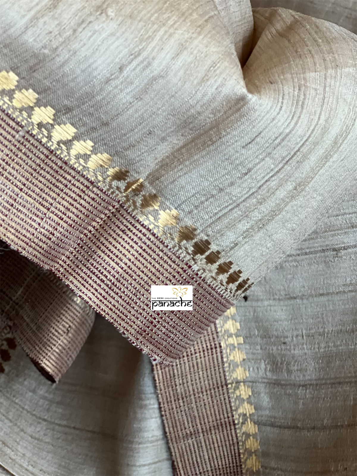 Pure Tussar Silk - Beige Maroon
