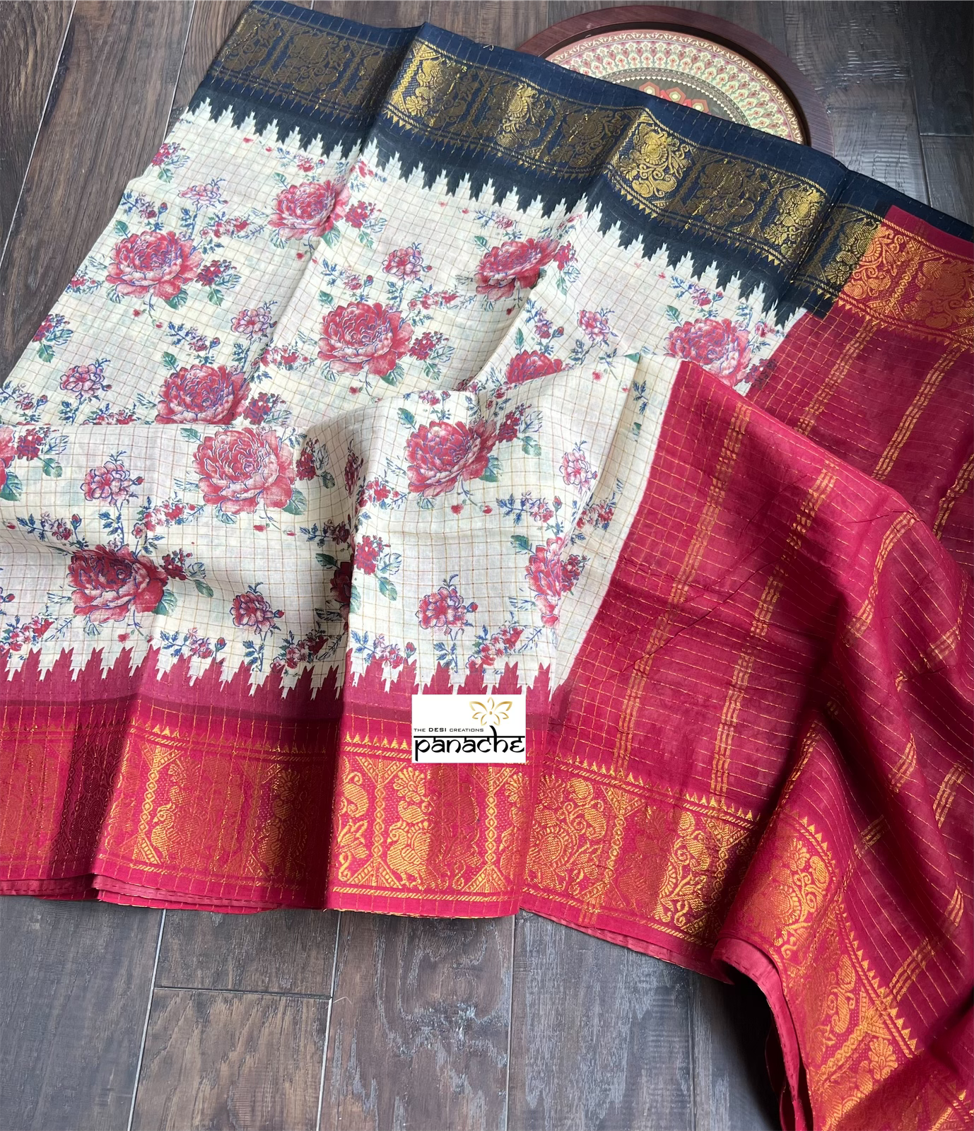 Madurai Cotton - Beige Maroon Black Floral