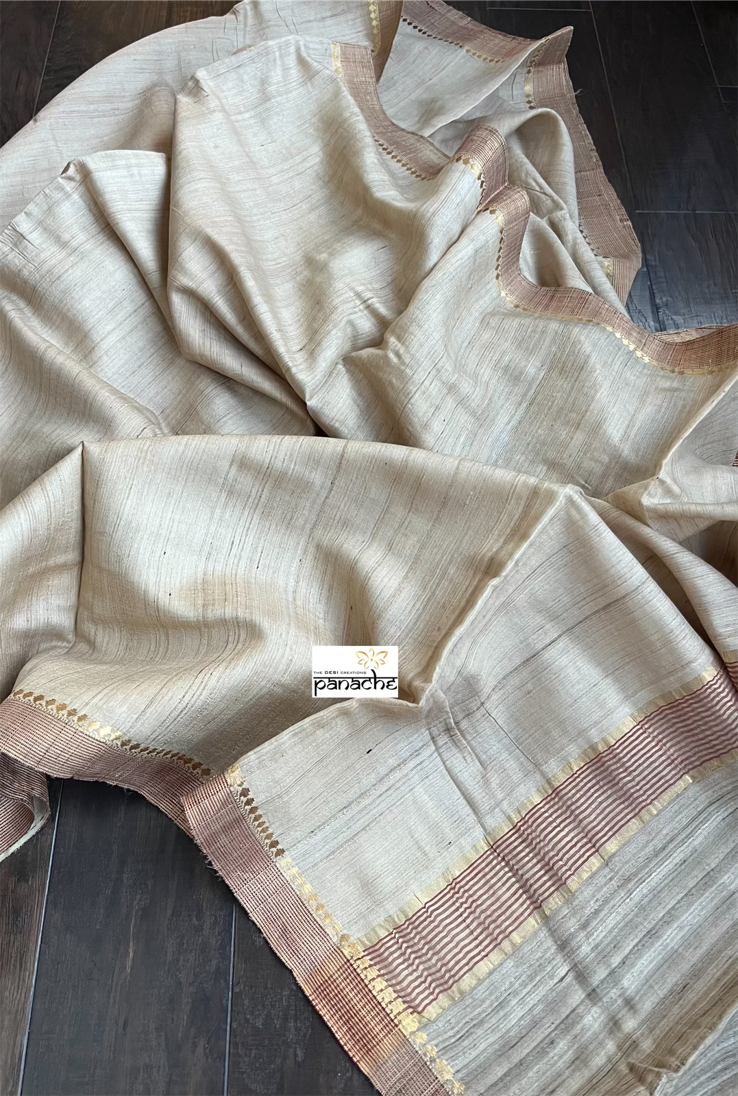 Pure Tussar Silk - Beige Maroon