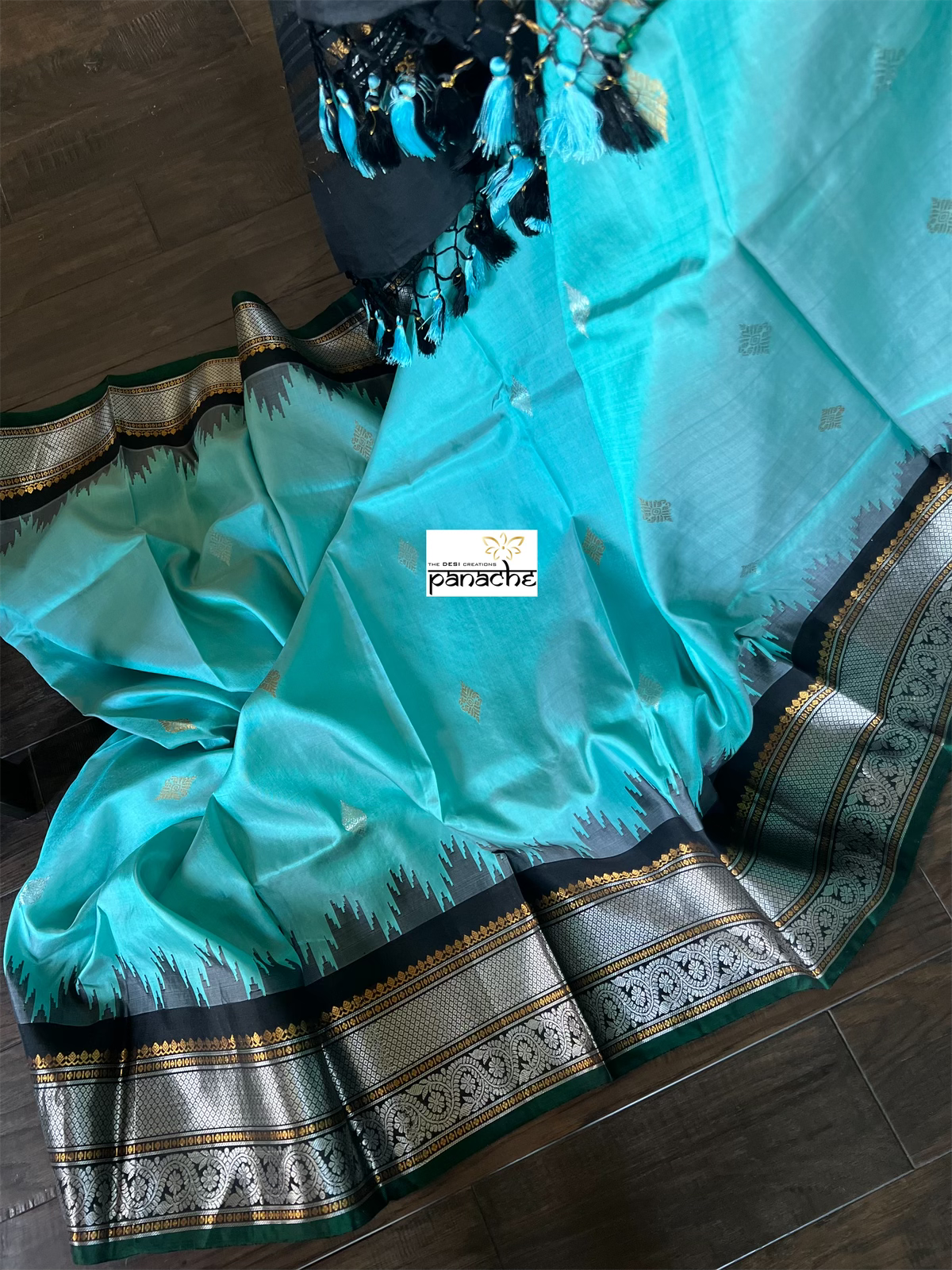 Pure Silk Gadwal - Turquoise Black