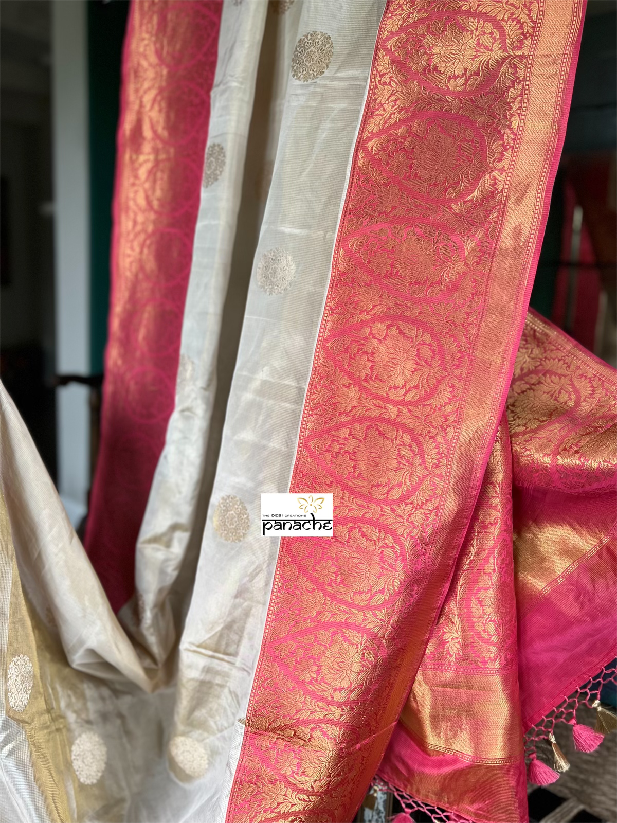 Pure Tissue Katan Silk Banarasi - Golden Beige Magenta Pink