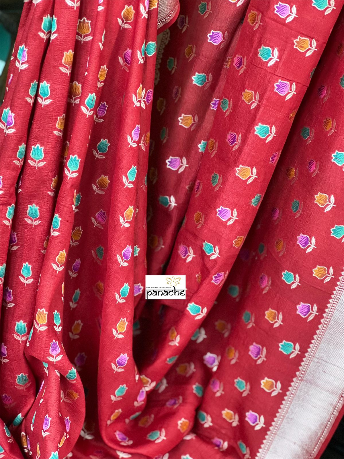 Tussar Georgette Banarasi - Red Mogra Tilfi