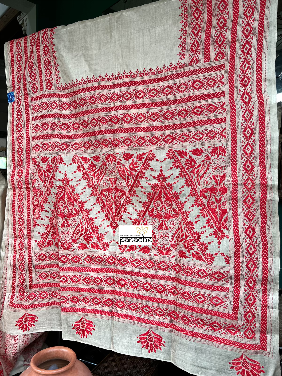 Pure Tussar Silk Kantha Stitch - Beige Red