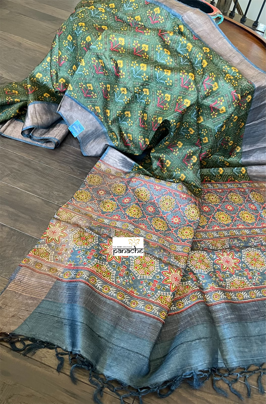Pure Tussar Silk Digital Printed - Green Grey Patola
