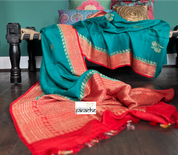Tussar Georgette Banarasi - Rama Green Red Kadwa