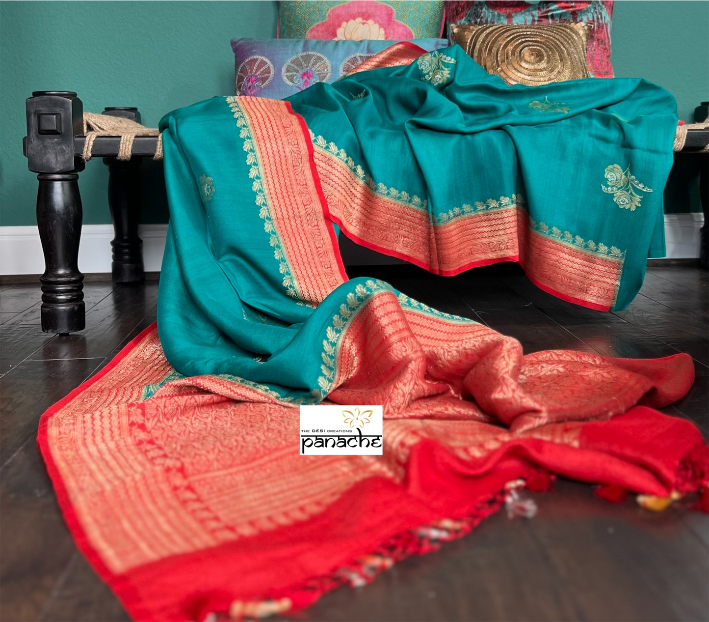 Tussar Georgette Banarasi - Rama Green Red Kadwa