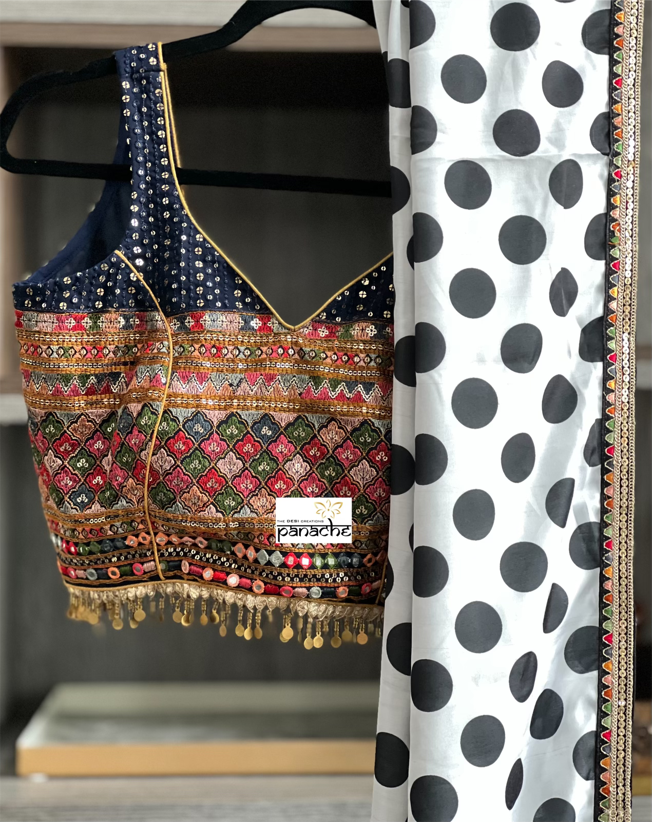 Designer Saree Blouse - White Black Polka Dot