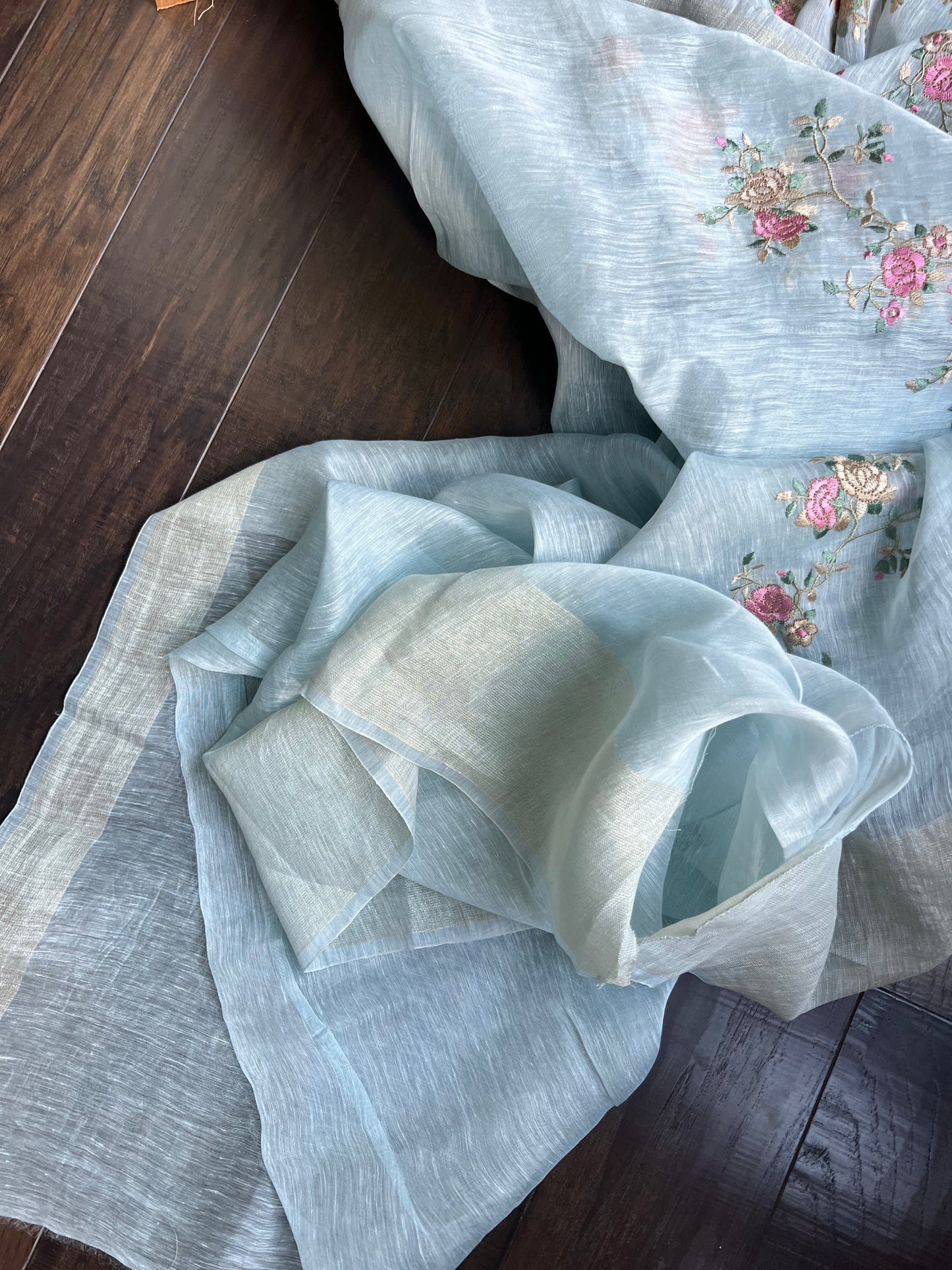 Embroidered Linen Silk- Light Blue