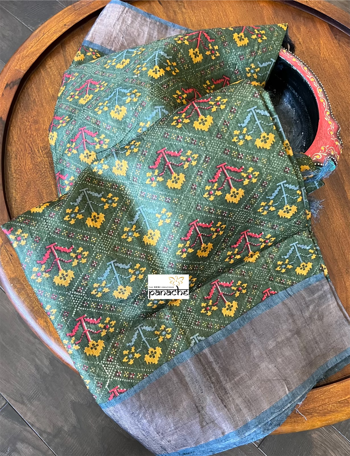 Pure Tussar Silk Digital Printed - Green Grey Patola