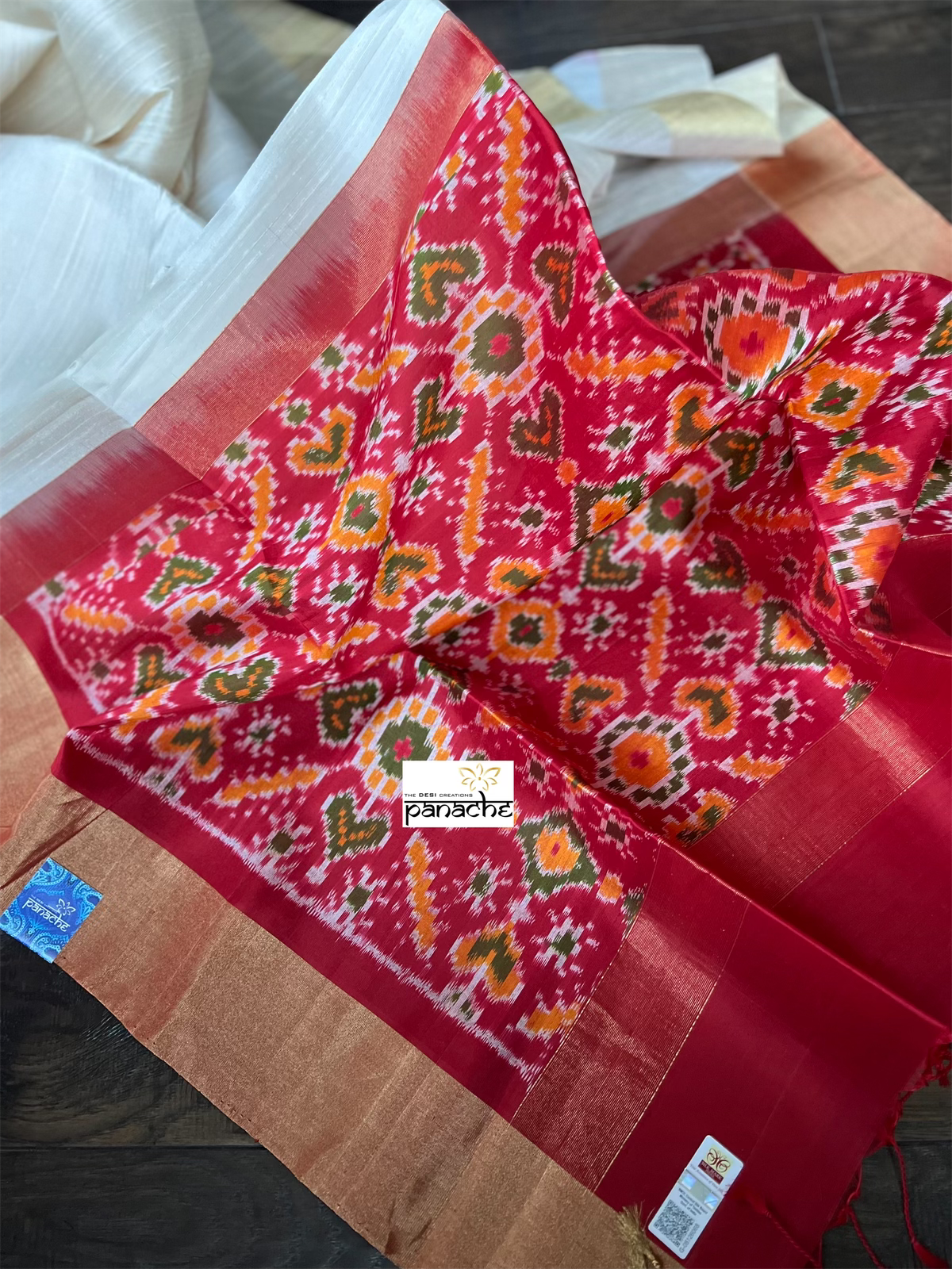 Pure Raw Silk Sambalpuri ikat - Off-White Red