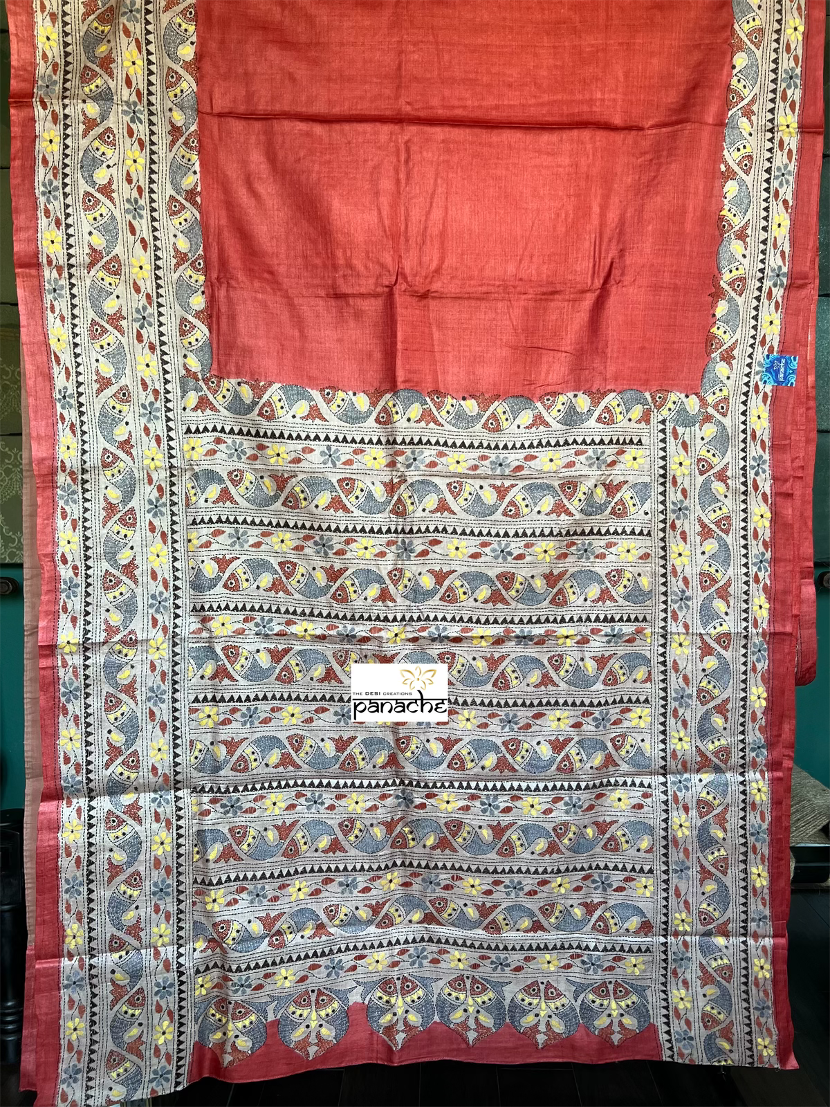 Pure Tussar Silk Kantha Stitch - Tomato Red Fish