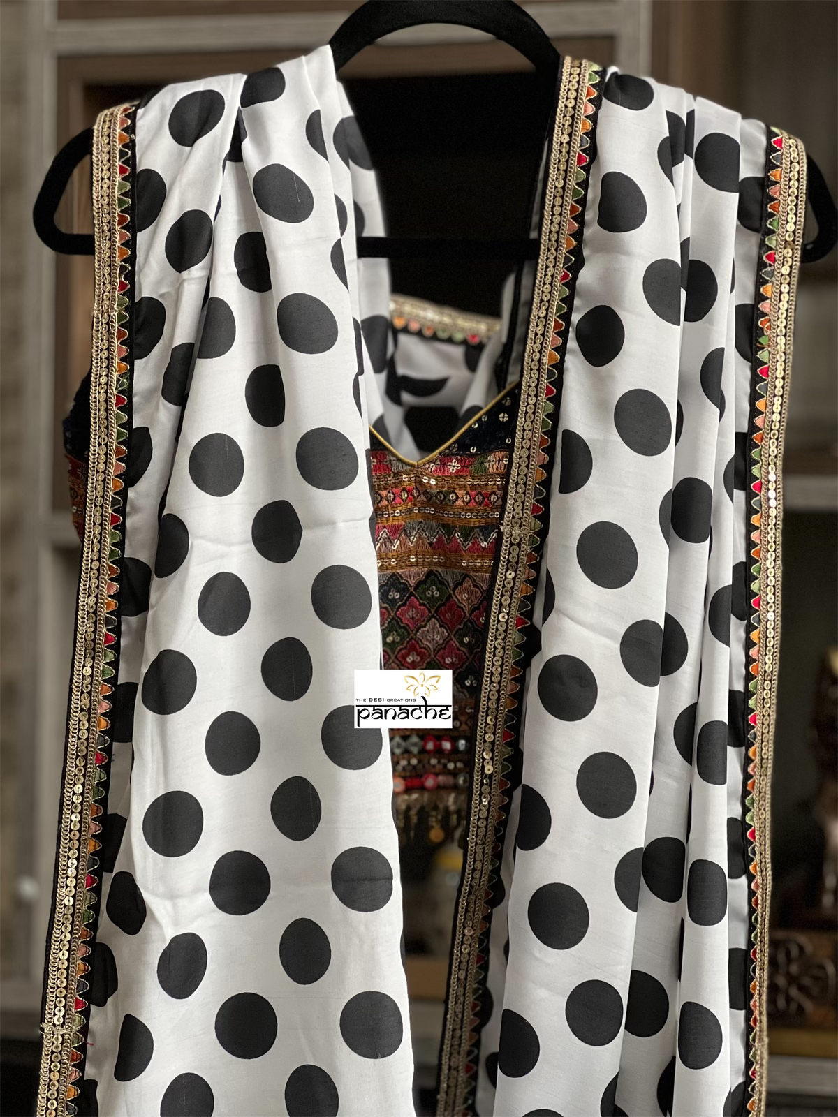 Designer Saree Blouse - White Black Polka Dot