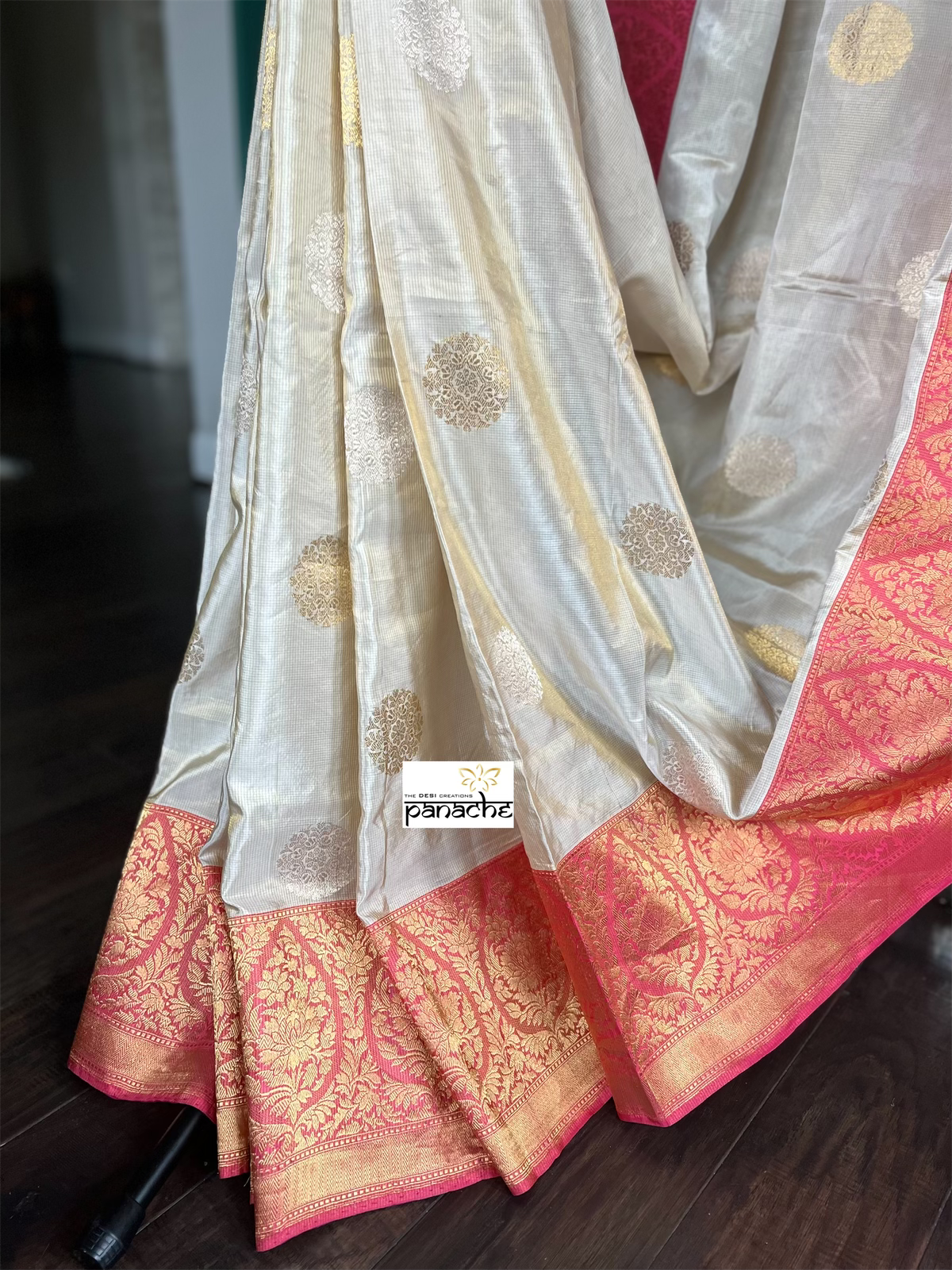 Pure Tissue Katan Silk Banarasi - Golden Beige Magenta Pink