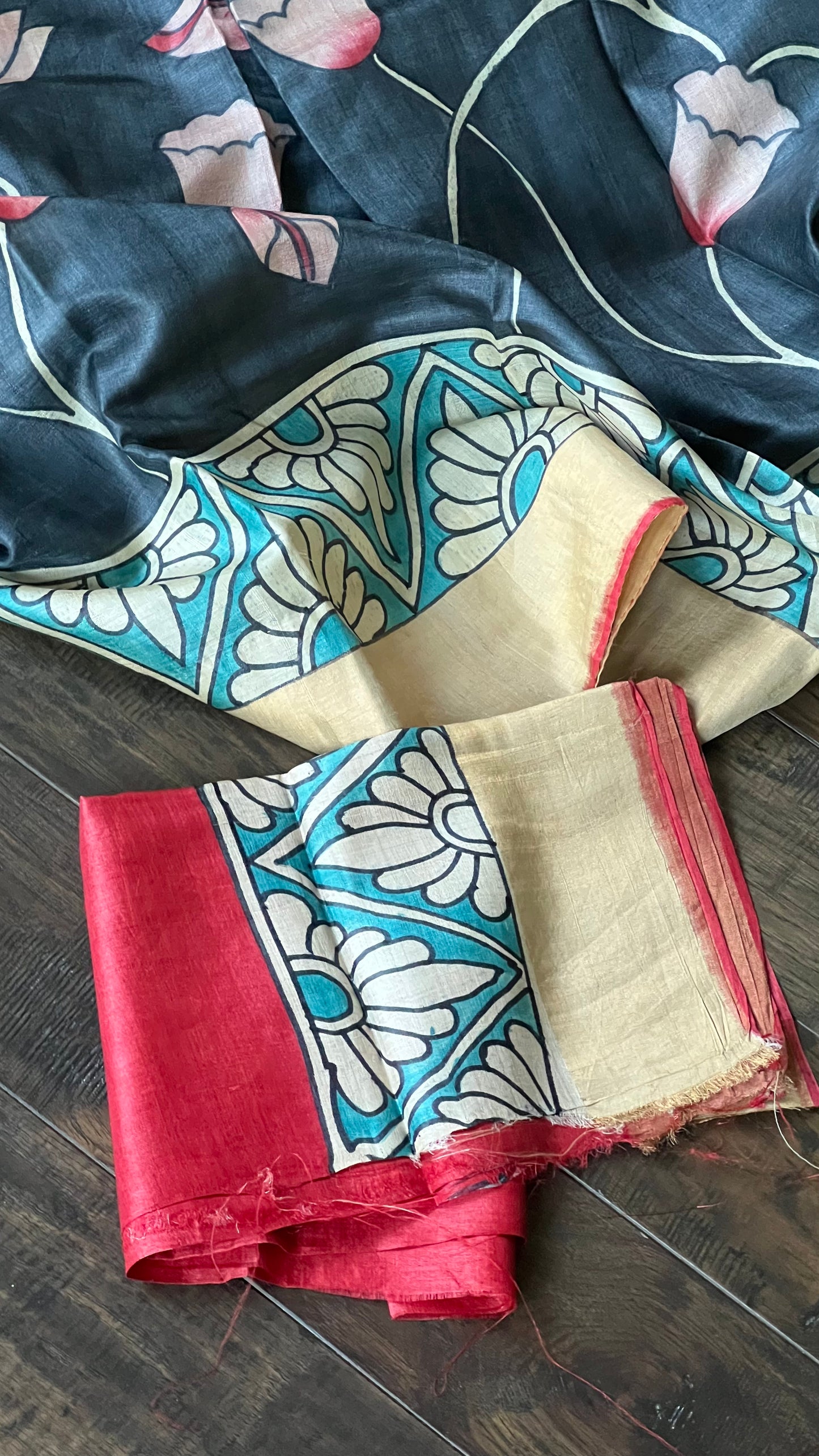 Pen Kalamkari Tussar Silk - Grayish Black Lotus