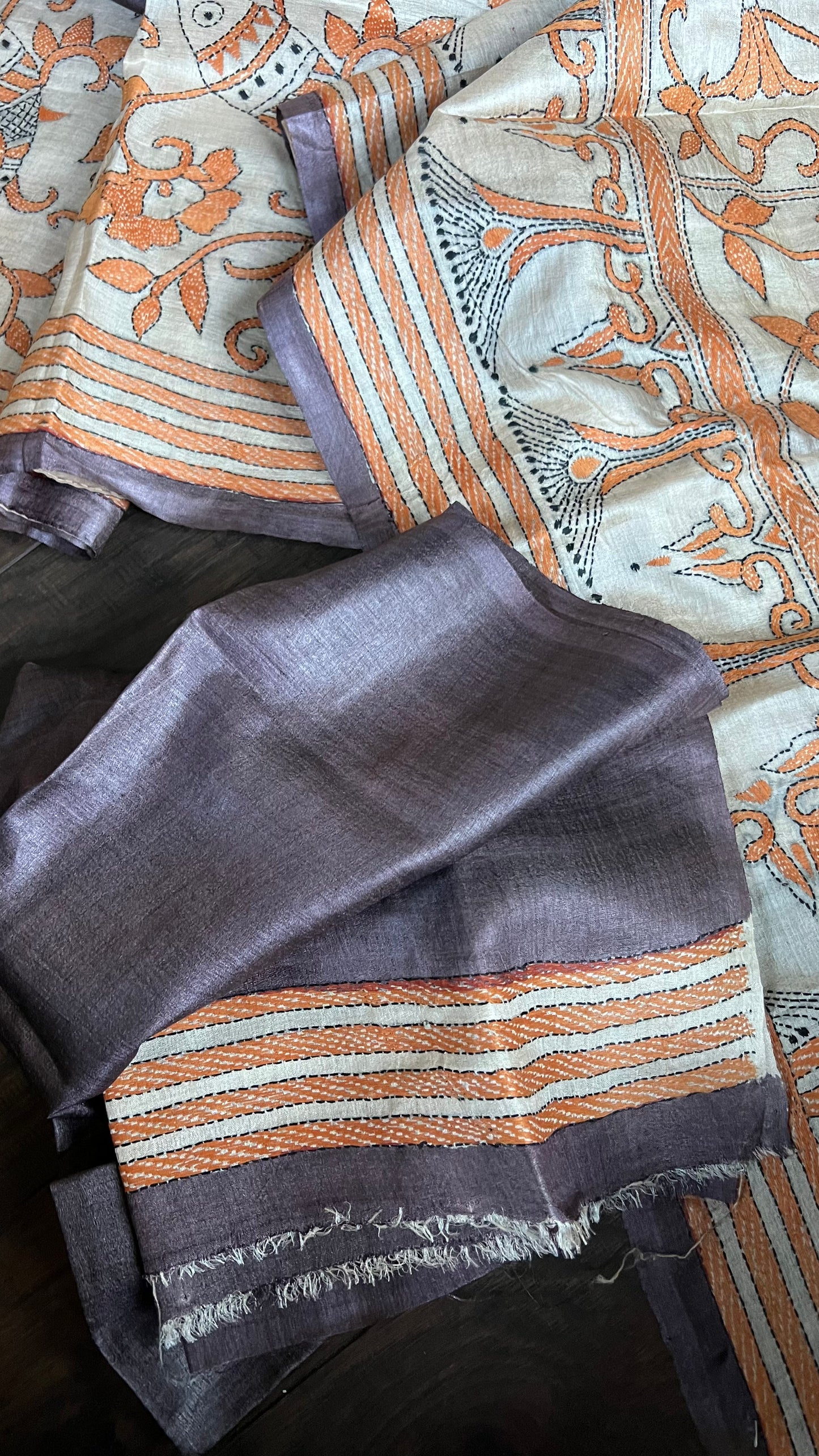 Pure Tussar Silk Kantha Stitch - Brown Orange