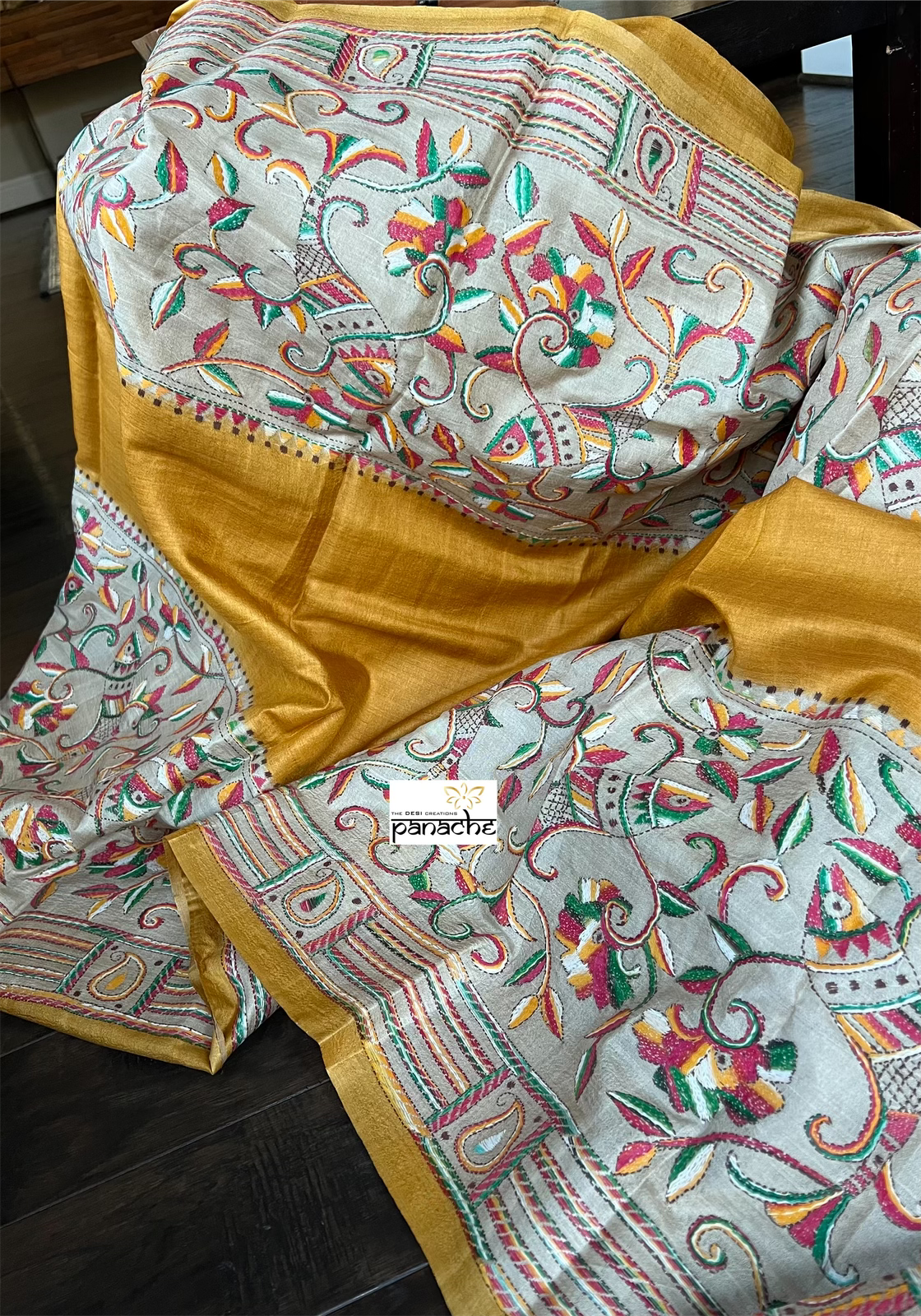 Pure Tussar Silk Kantha Stitch - Yellow Fish