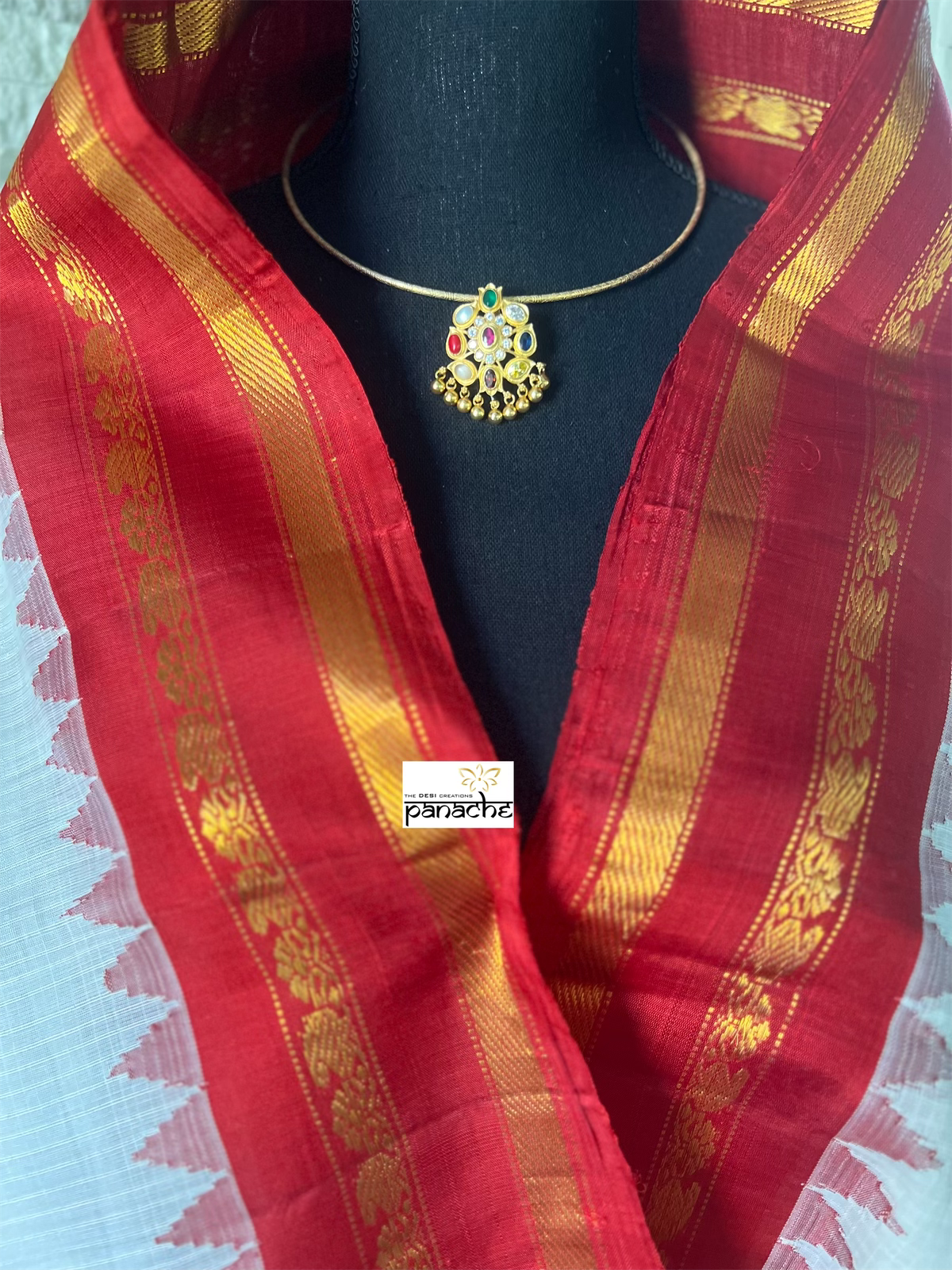 Gadwal Pure Cotton - Offwhite Red