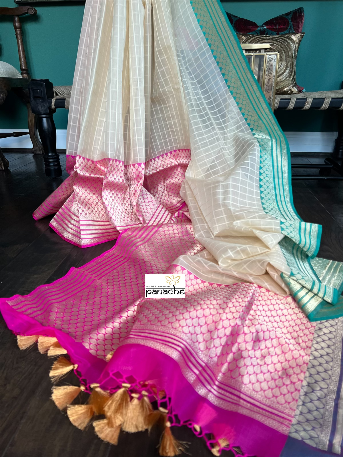 Organza Silk Banarasi - Cream Pink Sea Gree