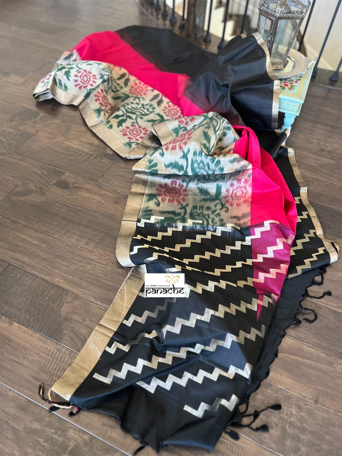 Pure Silk Kanjivaram - Black Magenta Ikat Woven