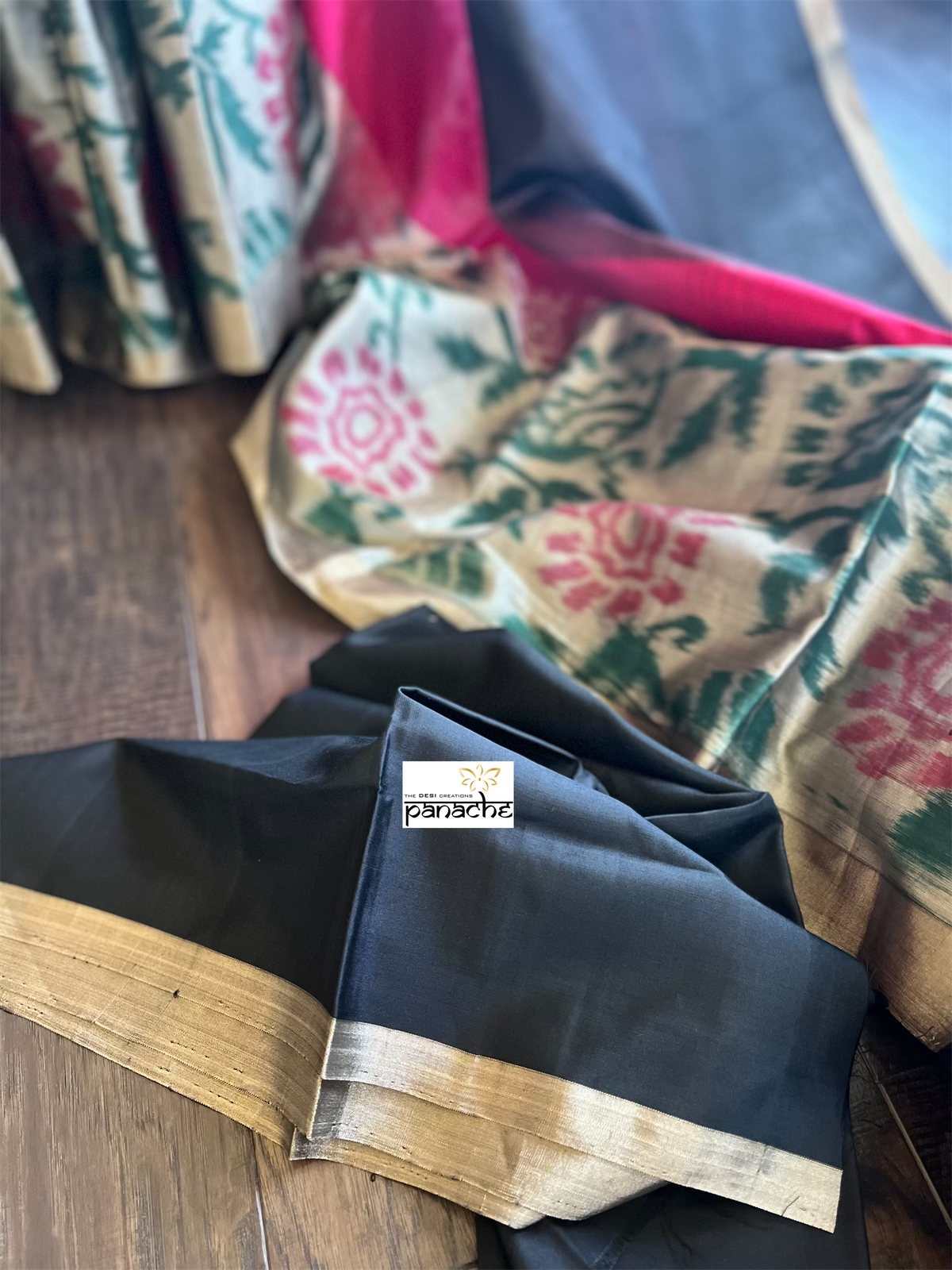 Pure Silk Kanjivaram - Black Magenta Ikat Woven